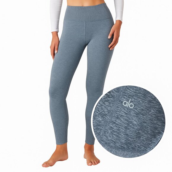 Alo Yoga High Waist Alosoft Lounge Leggings Heather Ribbed Cuff Blue Grey Size L - Picture 1 of 10